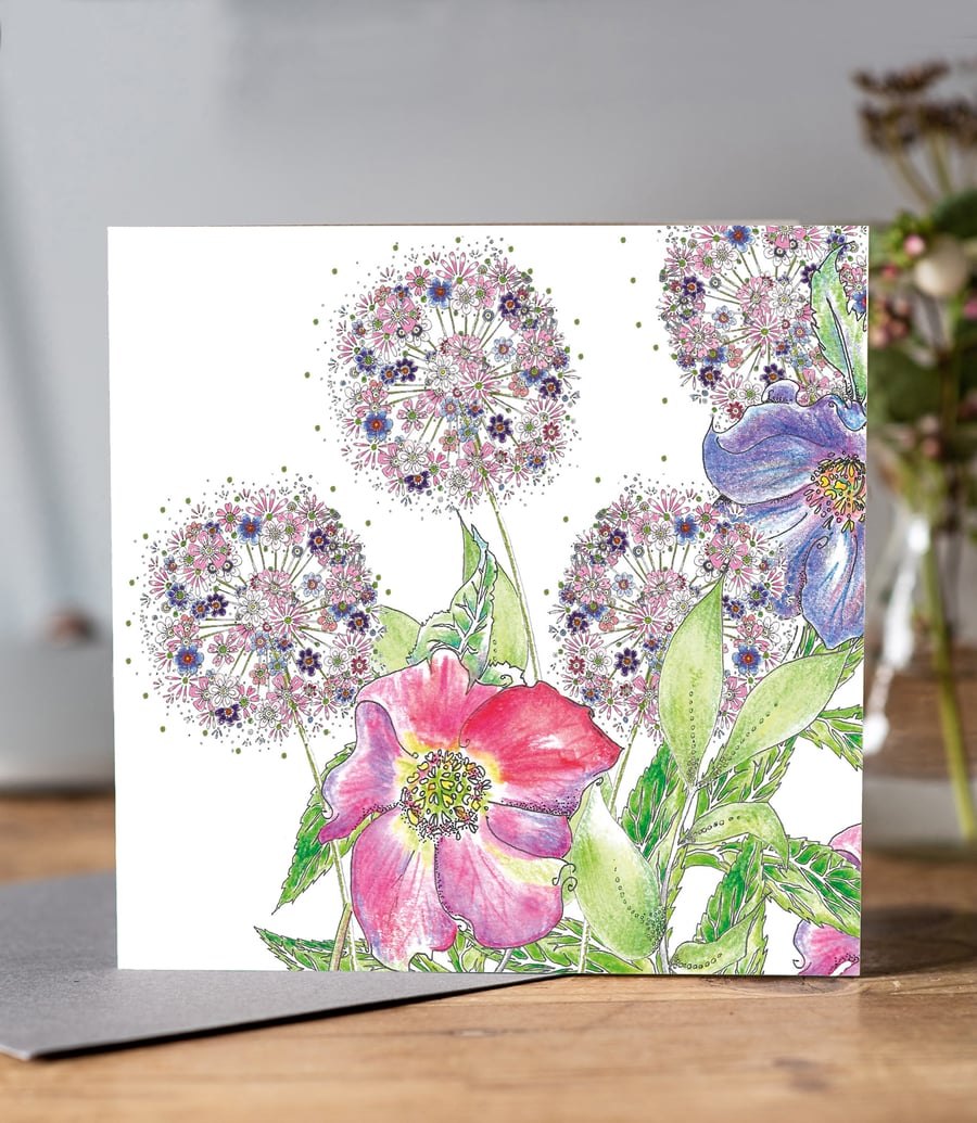 Flower garden greeting card (Alliums and Hellebore) 