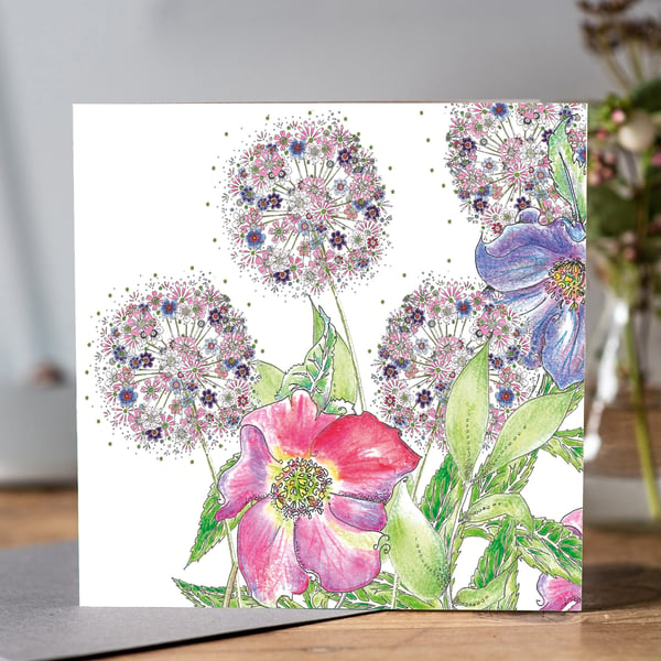 Flower garden greeting card (Alliums and Hellebore) 