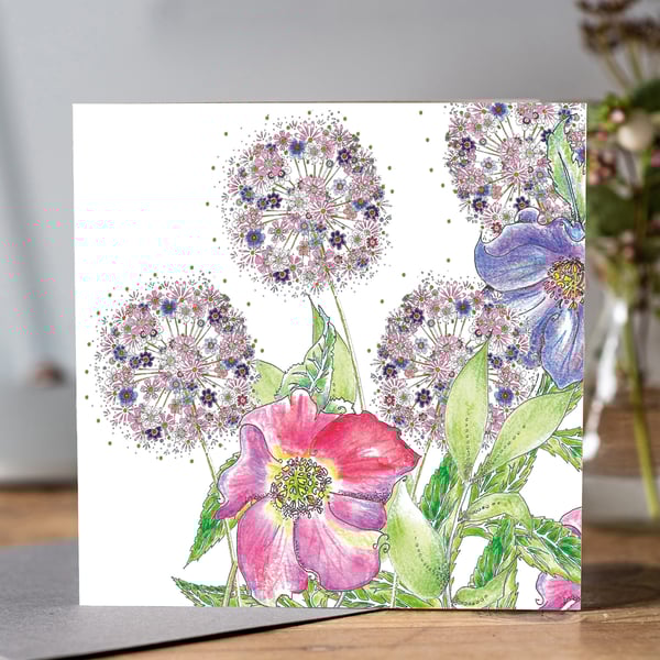 Flower garden greeting card (Alliums and Hellebore) 