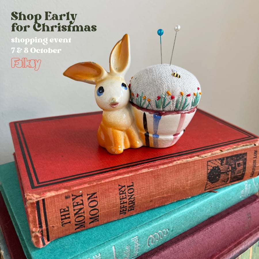 Vintage rabbit egg cup embroidered pin cushion