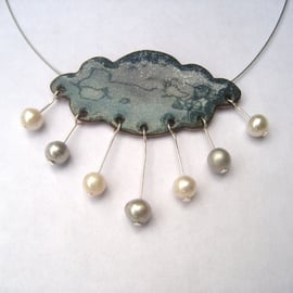 Welsh raincloud enamelled necklace with freshwater pearls