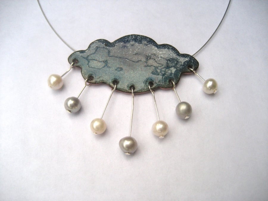 Welsh raincloud enamelled necklace with freshwater pearls
