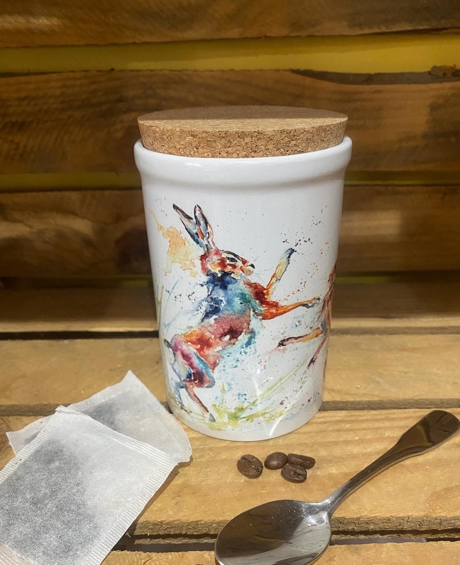 Boxing Hares Watercolour Ceramic Storage Jar with Cork Lid, by Wildlife Artist S