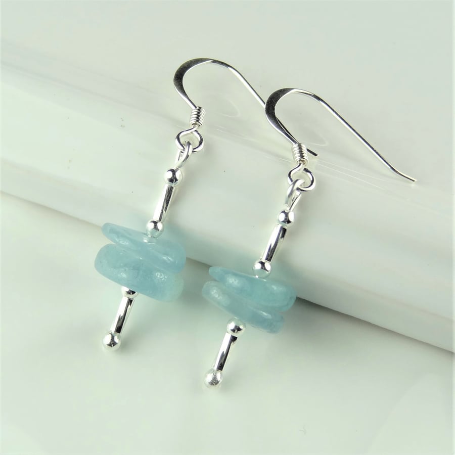 Aquamarine natural stone drop earrings, sterling silver, blue, gift box