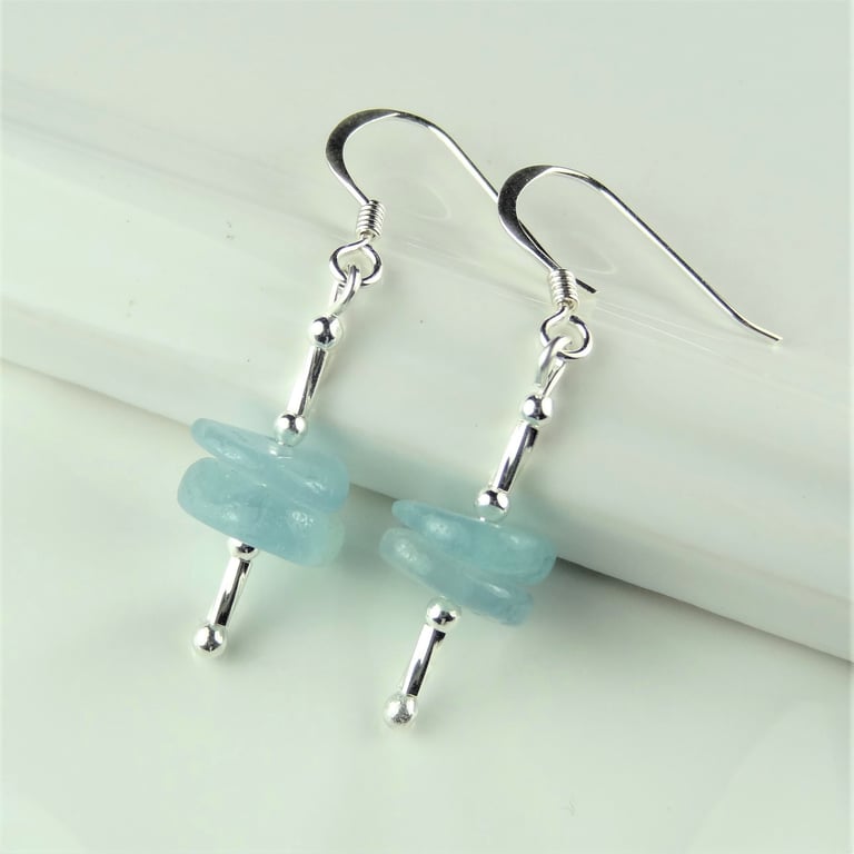 Aquamarine natural stone drop earrings, sterling silver, blue, gift box