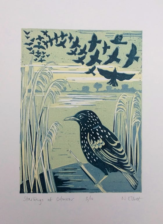Starlings at Otmoor - linoprint