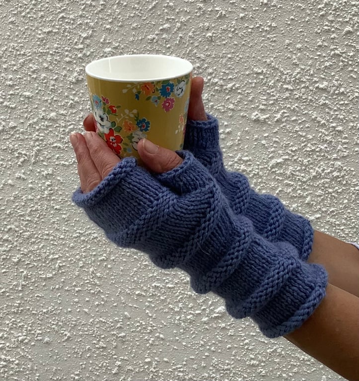 FINGERLESS MITTS , wristwarmers .'Tamar Valley'  Alpaca,wool. Dusky blue.