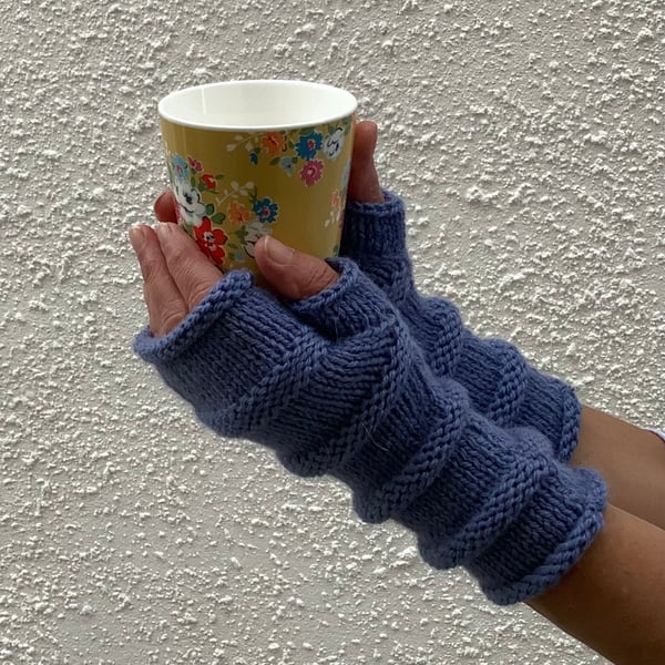 FINGERLESS MITTS , wristwarmers .'Tamar Valley'  Alpaca,wool. Dusky blue.