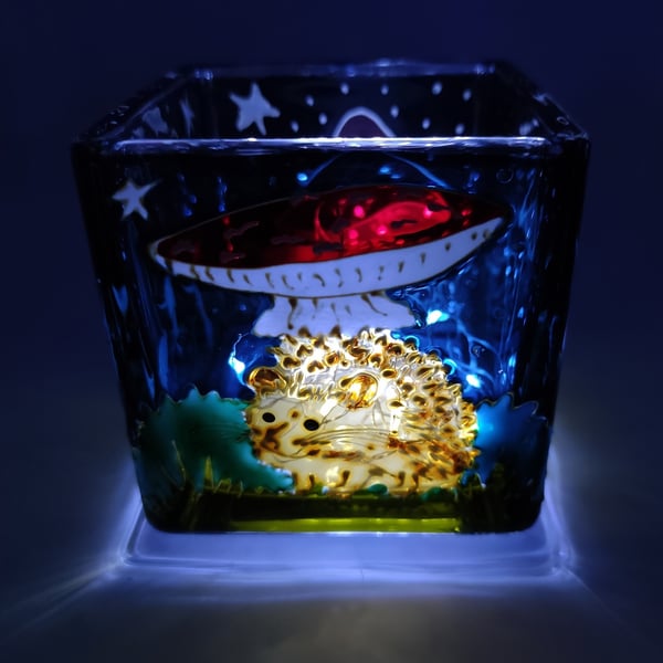 Candle holder, hand painted glass, hedgehog, mushrooms, toadstools 