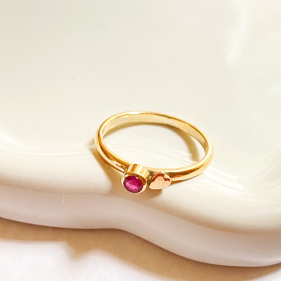 Ruby Gold Heart Ring Handmade 