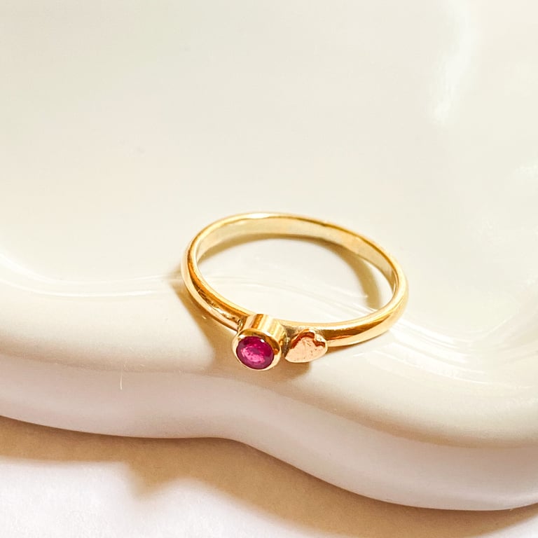 Ruby Gold Heart Ring Handmade 