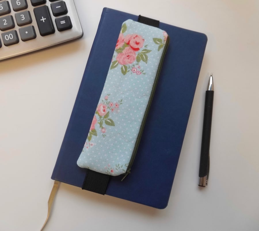  SOLD Elasticated pencil case for cover of notebook diary pink and blue floral