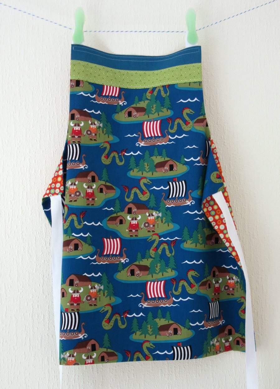 Reversible Apron for Kids - Rockets and Vikings in Blue, Orange, Green