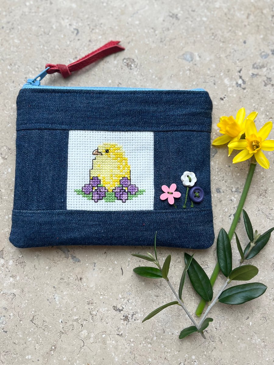 Easter chick cross stitch coin purse zip pouch with reclaimed denim