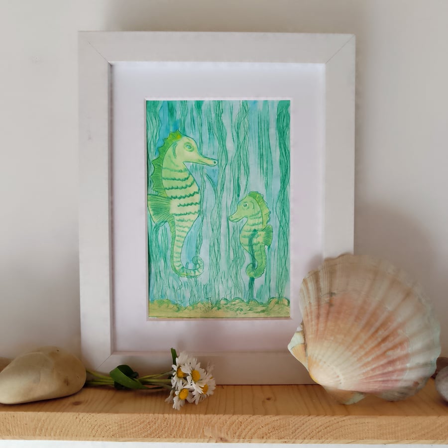 Seahorse drypoint with watercolour 