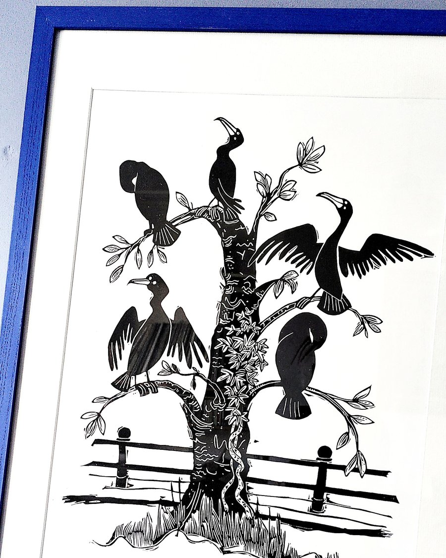 Cormorants - lino cut print
