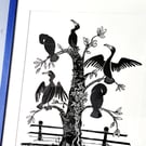 Cormorants - lino cut print