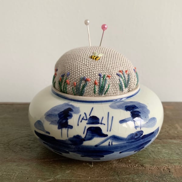 Blue and white windmill pot embroidered pin cushion