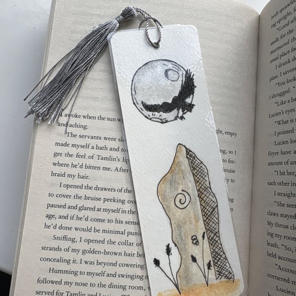 Hand painted watercolour moon crow and standing stone bookmark with silve tassel
