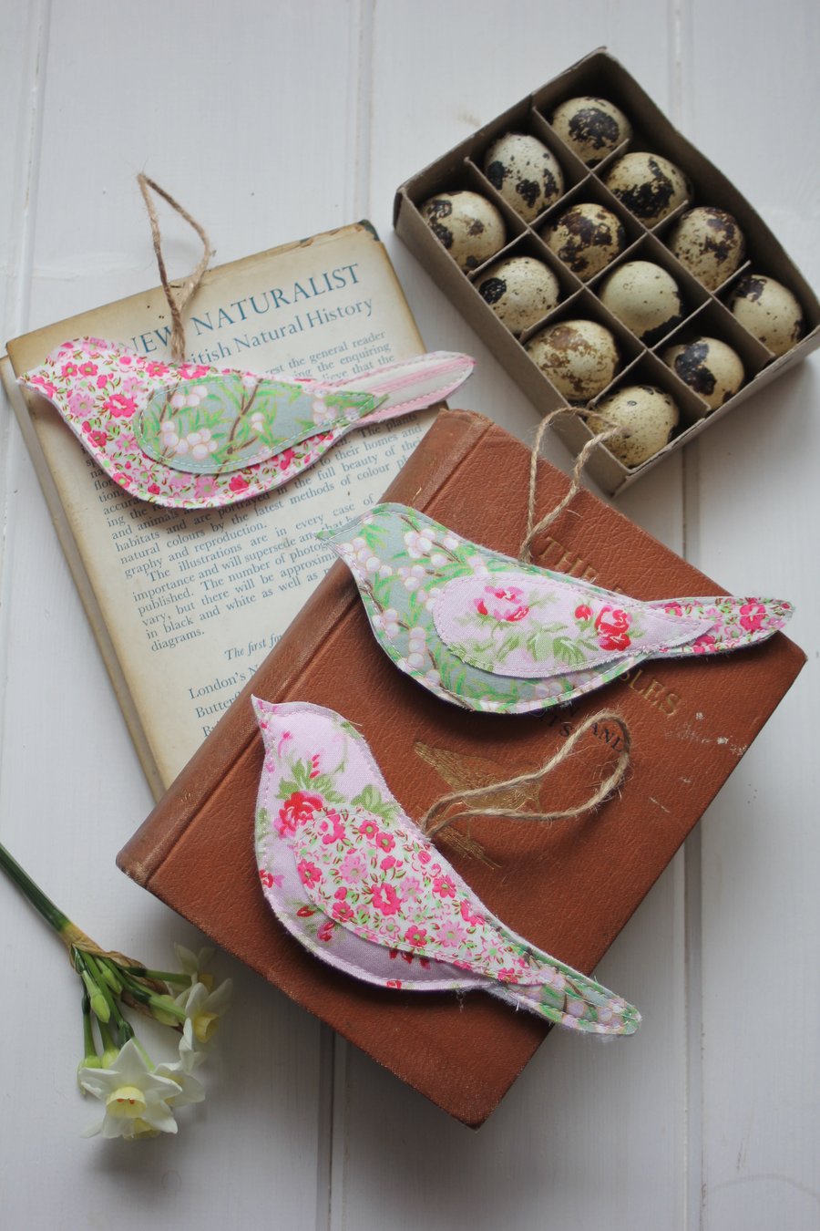 Recycled fabric bird trio in shades of pink and green