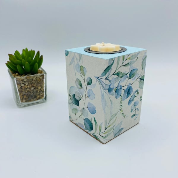 Small tealight holder, Eucalyptus design, decoupage, blue and green