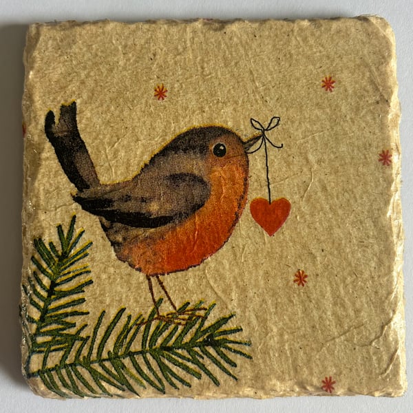 Set of 4 Handmade Decoupage Slate Coasters - Square Robin