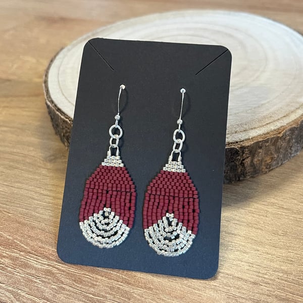Beadwork teardrop earrings in maroon matt red and silver