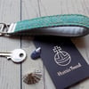 Harris Tweed key fob wrist strap in Turquoise green herringbone