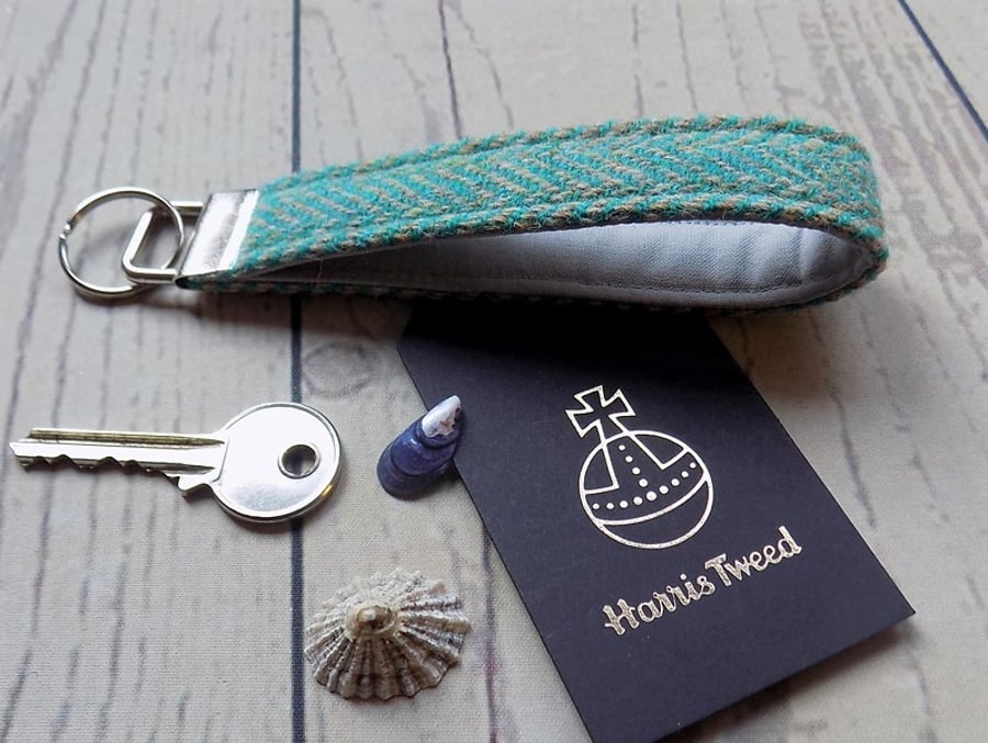 Harris Tweed key fob wrist strap in Turquoise green herringbone