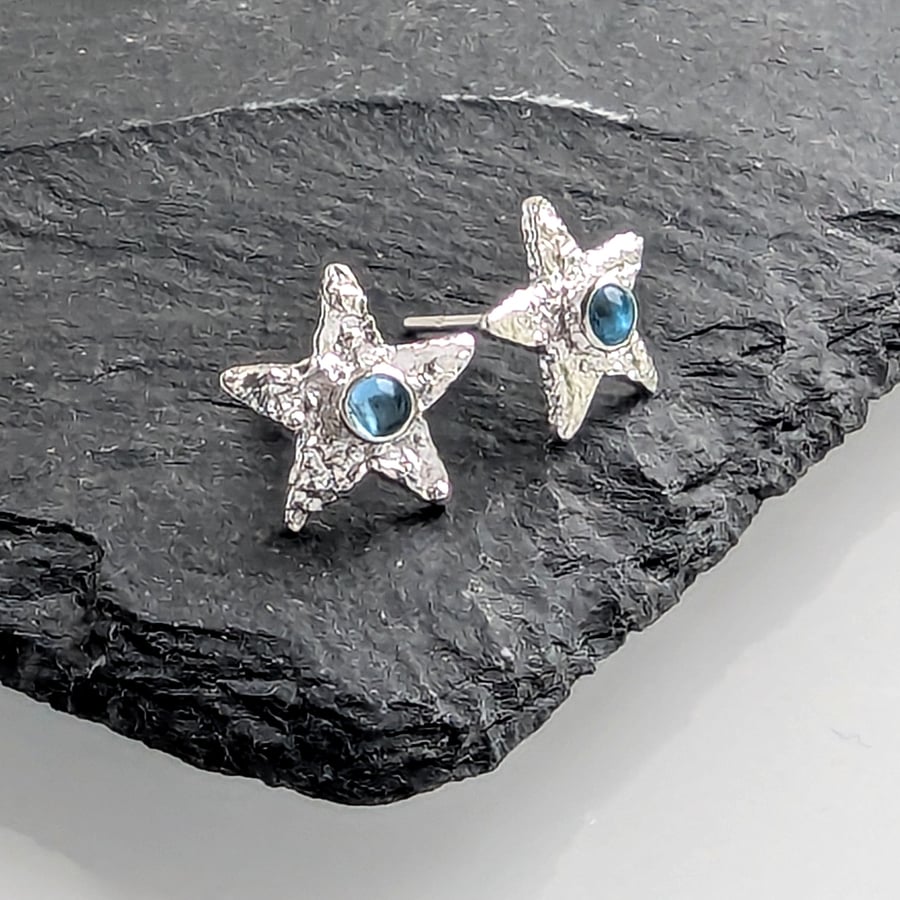 STERLING SILVER Star Swiss Blue Topaz Earrings, Handmade Urban Jewellery