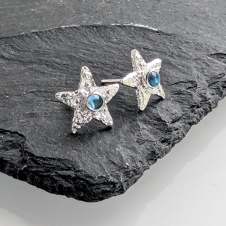 STERLING SILVER Star Swiss Blue Topaz Earrings, Handmade Urban Jewellery