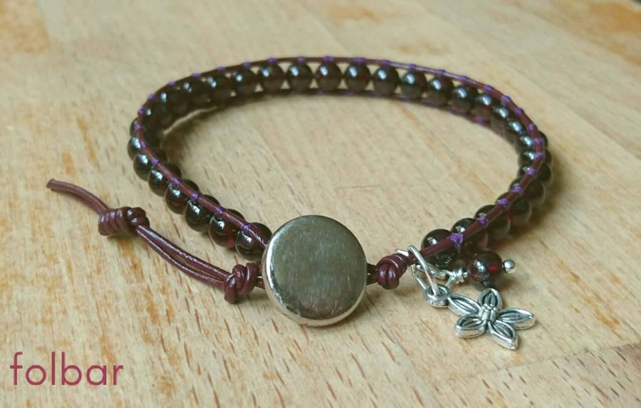 Leather bracelet with garnet beads January birthstone