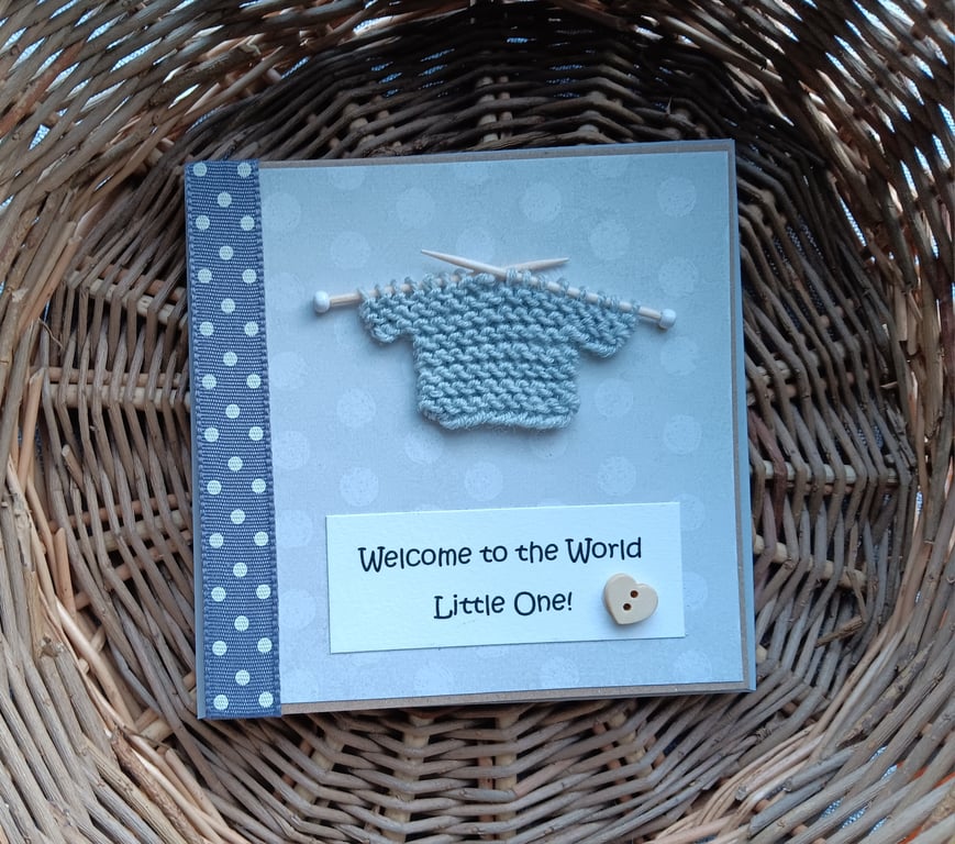 Welcome to the World New Baby Card with Light Grey Knitted Jumper Size 5" x 5" 