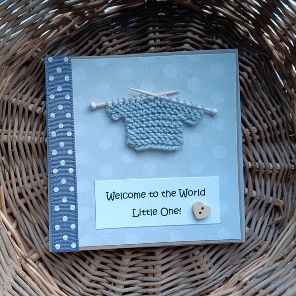 Welcome to the World New Baby Card with Light Grey Knitted Jumper Size 5" x 5" 