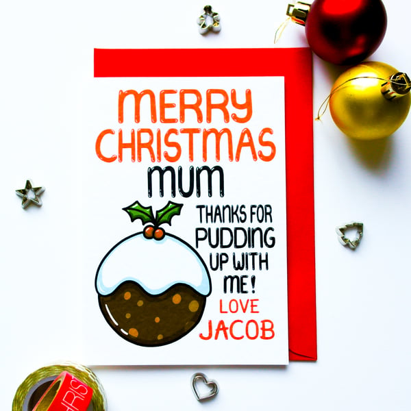 Funny Christmas Card Mum Xmas Pudding Card From Children for Mother Personalised