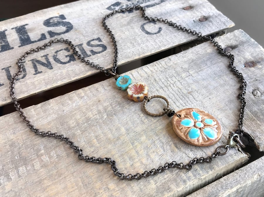 Rustic Ceramic Hibiscus Flower Necklace. Handcrafted Pendant on Long Brass Chain