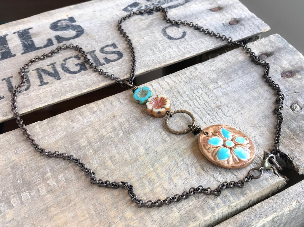 Rustic Ceramic Hibiscus Flower Necklace. Handcrafted Pendant on Long Brass Chain