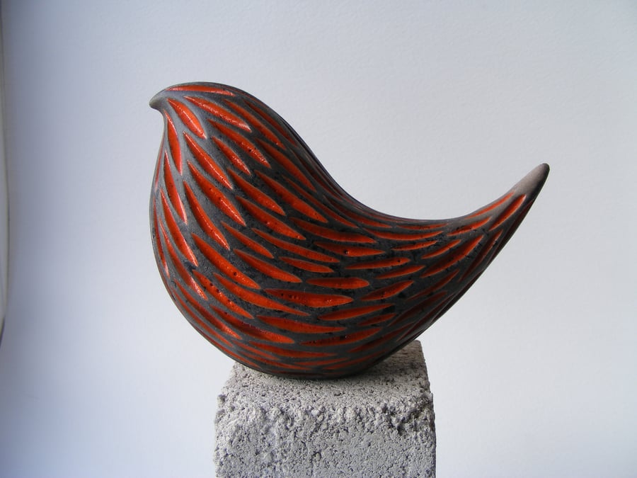 Raku fired carved bird (D) Orange