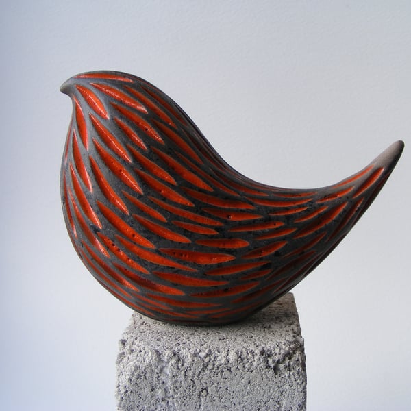 Raku fired carved bird (D) Orange