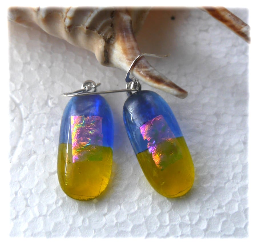 Earrings Fused Glass Ukraine Blue Sky Yellow Sunflower U006