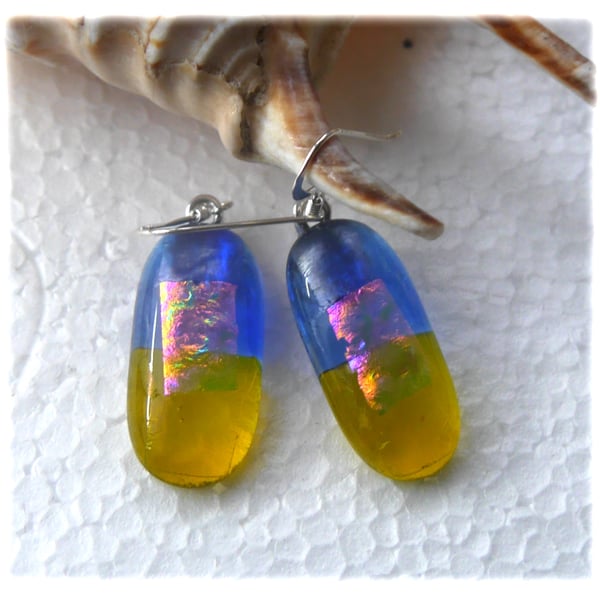 Earrings Fused Glass Ukraine Blue Sky Yellow Sunflower U006