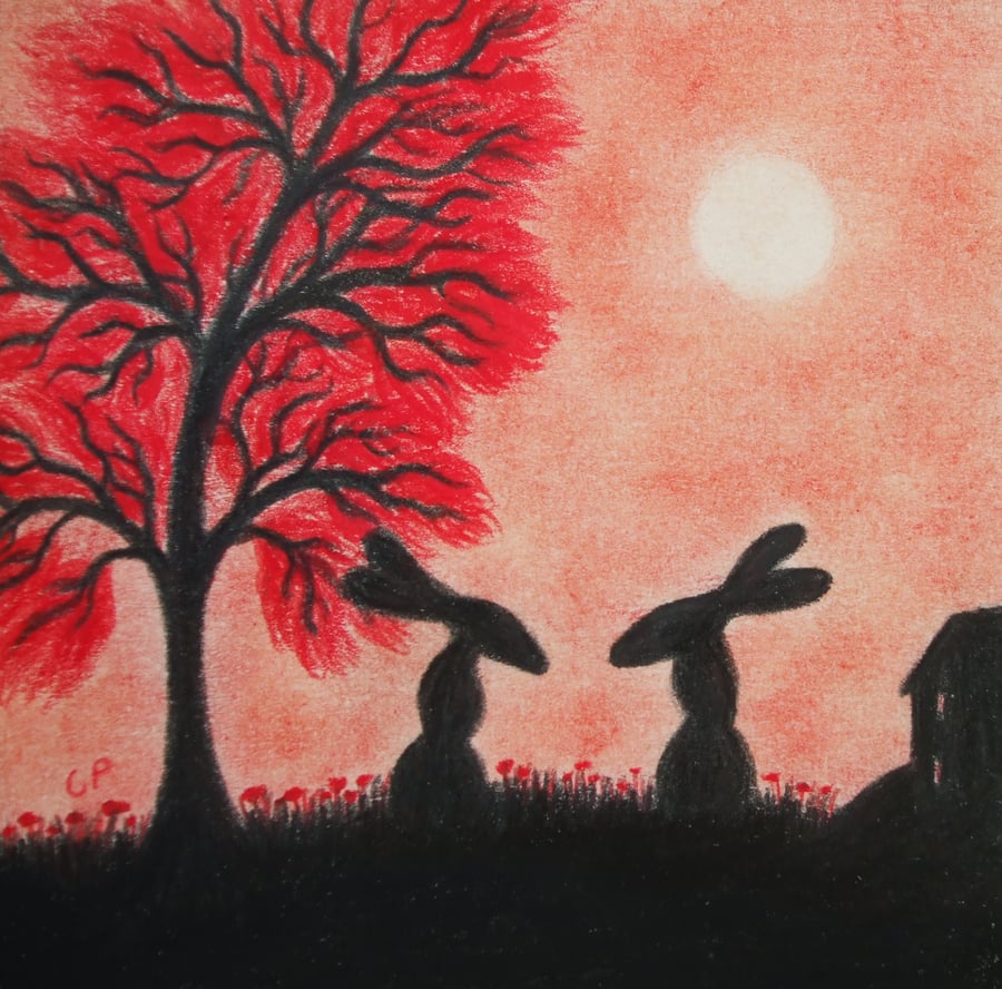 Rabbit Card, Red Bunny Card, Hare Art Card, Two Black Rabbits, Blank Card Kids