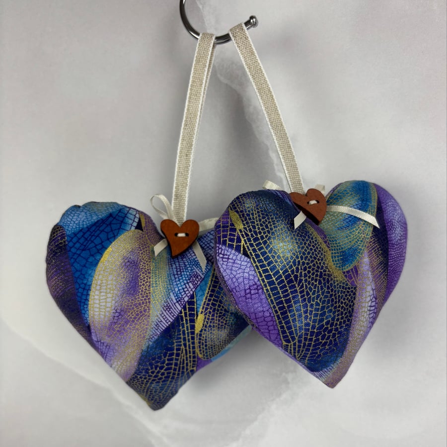 Handmade dragonfly wings hanging heart set with loop button and ribbon trim