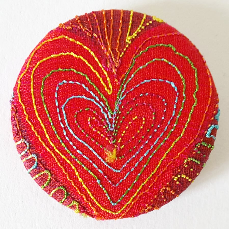38mm Fabric Heart Badge with Free Machine Embroidery 