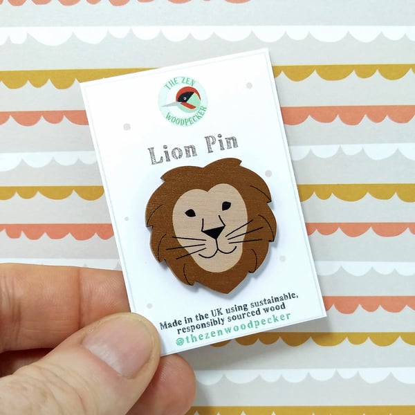 Lion Pin Badge, Safari Themed Brooch, African Animal Badge, Wooden Eco Pin