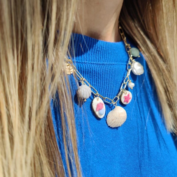 Ocean-Inspired Necklace with Seashells and Pearls, Handmade Beach Gift for Her