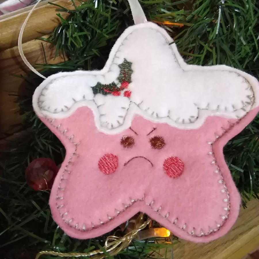 Christmas Star Grumpy Felt Hanging, Red or Pink personalised available