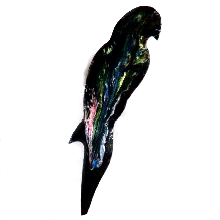 parrot brooch - enamel, scrolled white, pink and yellow on midnight blue