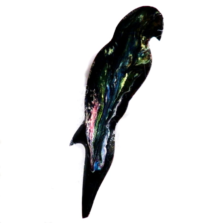 parrot brooch - enamel, scrolled white, pink and yellow on midnight blue