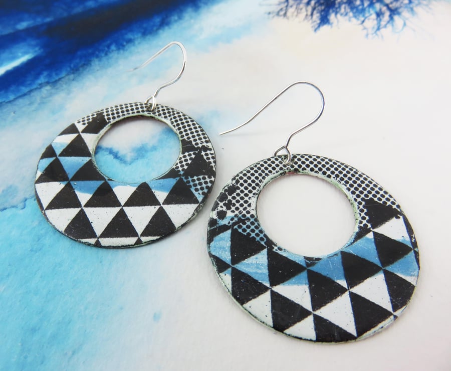 Large, Bold Hoop Earrings in Enamel with Bold Geometric Pattern